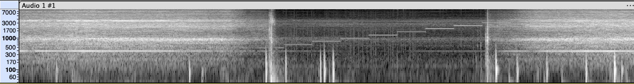 Spectrogram of vacuum sound inside, then outside with door closed, then inside again.